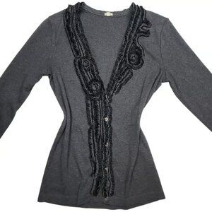 J Crew Cardigan Cotton Top M Charcoal Gray Long Sleeve Ruffle Indie Sleaze Twee
